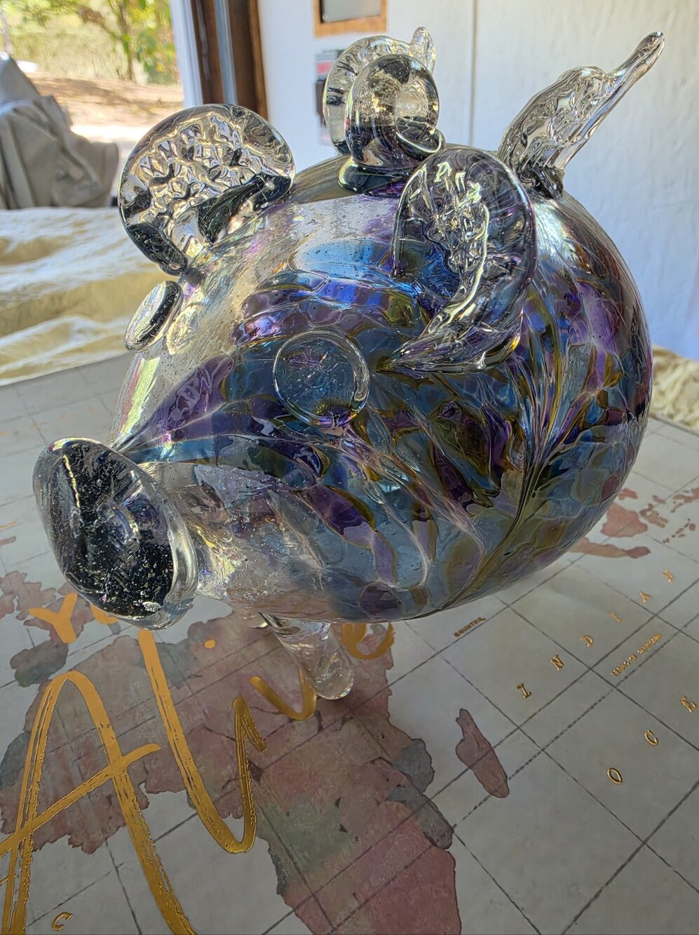 Handblown Iridescent Glass Pig Sculpture